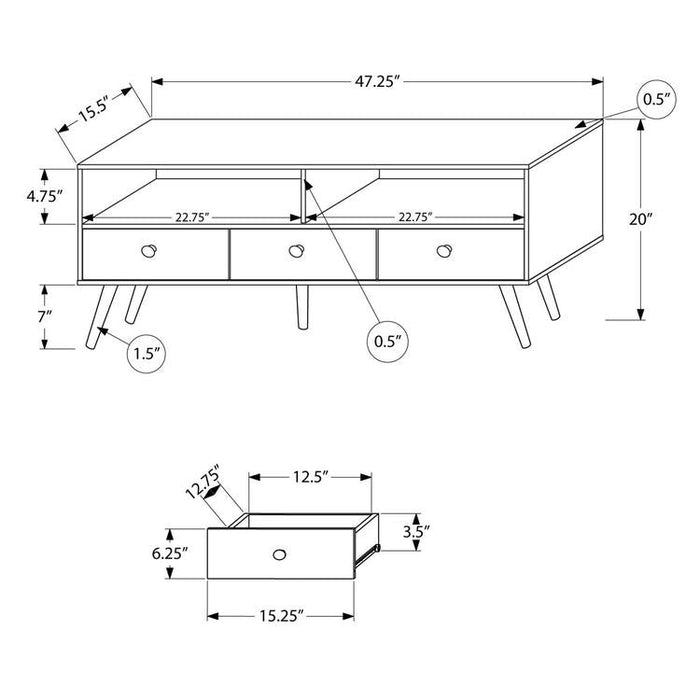 Monarch Specialties I 2835 | TV stand - 48" - 3 Drawers - Mid-century concept - Imitation walnut-Sonxplus St-Sauveur