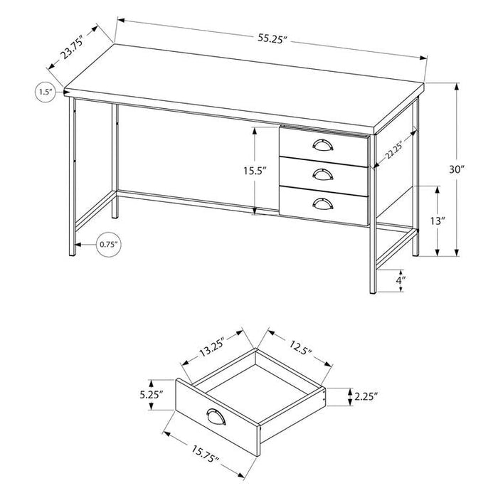 Monarch Specialties I 7485 | Computer cabinet - 55" - Spacious top - 3 drawers - Black metal base - Brown imitation wood finish-Sonxplus St-Sauveur